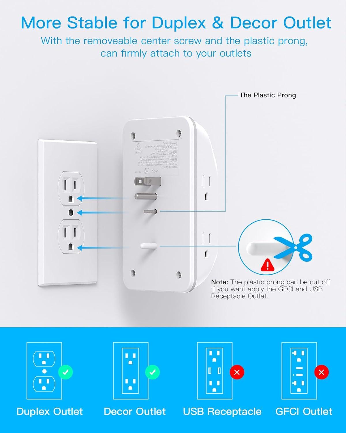 imageOutlet Extender with Night Light HANYCONY Multi Plug Outlet USB Wall Charger Surge Protector 4 USB Ports1 USB C Power Strip Electrical Outlet Splitter Expander for Home Office Dorm Room ETLWhite