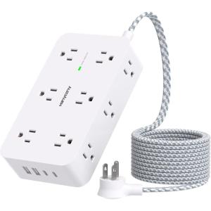 imageExtension Cord 10 Ft HANYCONY Surge Protector with 12 Outlets 4 USB Ports 2USB C Large Desk Power Strip with Long Cord Flat Plug Wall Mount for Office Home College Dorm Room Essentials WhiteWhite