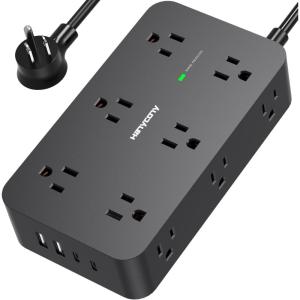 imageExtension Cord 10 Ft HANYCONY Surge Protector with 12 Outlets 4 USB Ports 2USB C Large Desk Power Strip with Long Cord Flat Plug Wall Mount for Office Home College Dorm Room Essentials WhiteBlack