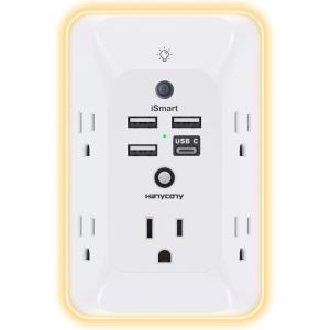 imageOutlet Extender with Night Light HANYCONY Multi Plug Outlet USB Wall Charger Surge Protector 4 USB Ports1 USB C Power Strip Electrical Outlet Splitter Expander for Home Office Dorm Room ETLWhite