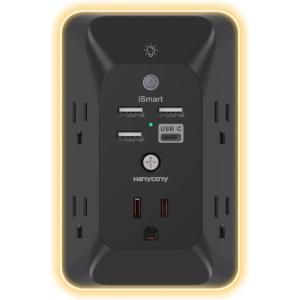 imageOutlet Extender with Night Light HANYCONY Multi Plug Outlet USB Wall Charger Surge Protector 4 USB Ports1 USB C Power Strip Electrical Outlet Splitter Expander for Home Office Dorm Room ETLBlack