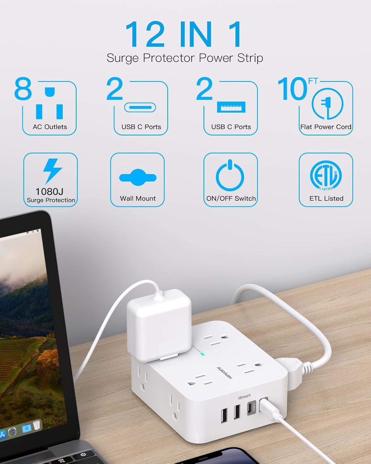 image10Ft Extension Cord with Multiple Outlets Surge Protector Power Strip 10 Ft Cord 8 Outlets 4 USB Ports2 USB C Flat Outlet Extender Desk Charging Station for Home Office College Dorm Essentials