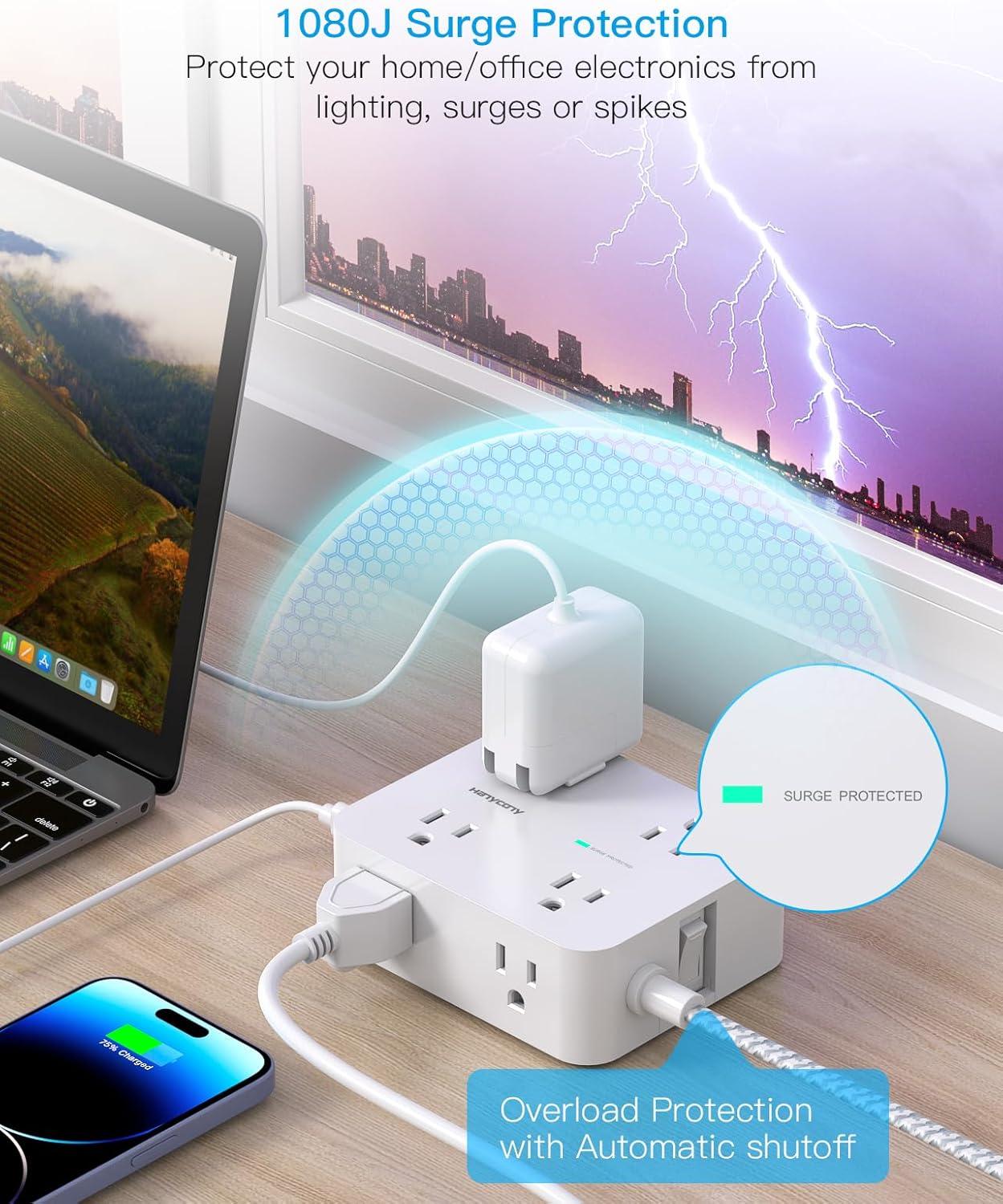 image10Ft Extension Cord with Multiple Outlets Surge Protector Power Strip 10 Ft Cord 8 Outlets 4 USB Ports2 USB C Flat Outlet Extender Desk Charging Station for Home Office College Dorm Essentials